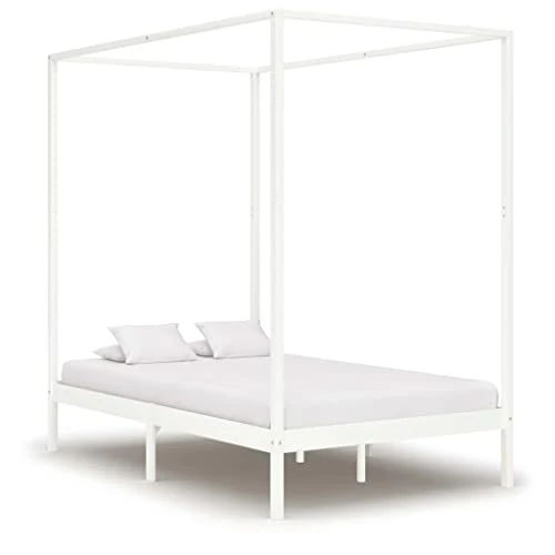 vidaXL Cadre de Lit à Baldaquin Lit Double Lit Adulte Lit Coffre Sommier à Lattes Chambre à Coucher Maison Blanc 140x200 cm Bois de Pin Massif