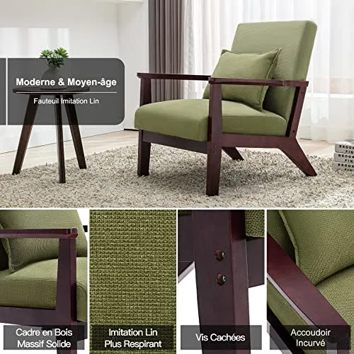 HomeMiYN Fauteuil Vintage en Bois Massif Fauteuil Salon en Imitation Lin et en Cuir PU avec Oreiller Lombaire, Dossier Ergonomique, Fauteuil d'appoint pour Salon, Chambre, Bureau, Balcon (Vert foncé)