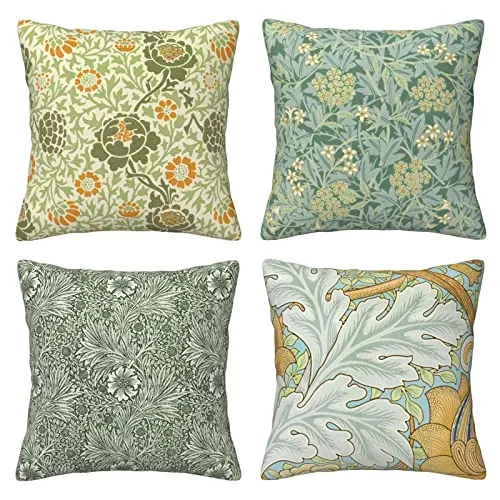 HOSTECCO William Morris Lot de 4 housses de coussin carrées décoratives en lin pour canapé, bureau - 45 x 45 cm