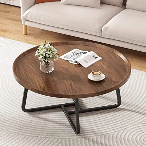 Table basse industrielle ronde – Tables basses pour le salon, table à thé moderne de loisirs, table centrale pour le salon, salle à manger, tables gigognes pour les petits espaces (couleur : noyer,