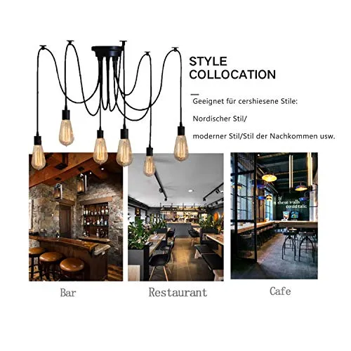YNXing - Suspension Edison vintage - Réglable - Lampe suspendue - Luminaire industriel - Lustre noir - 1, 3, 5, 6 têtes - 8 supports de lampe