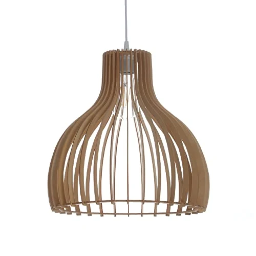 LUSSIOL, Luminaire Helsinki M, abat-jour design en lamelles de bois naturel, ampoule culot E27 x 60 W maxi, diam. 36 x H. 36 cm, câble blanc fourni, idéal pour salon, chambre, couloir, restaurant, bar