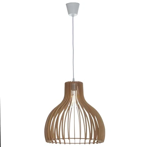 LUSSIOL, Luminaire Helsinki M, abat-jour design en lamelles de bois naturel, ampoule culot E27 x 60 W maxi, diam. 36 x H. 36 cm, câble blanc fourni, idéal pour salon, chambre, couloir, restaurant, bar