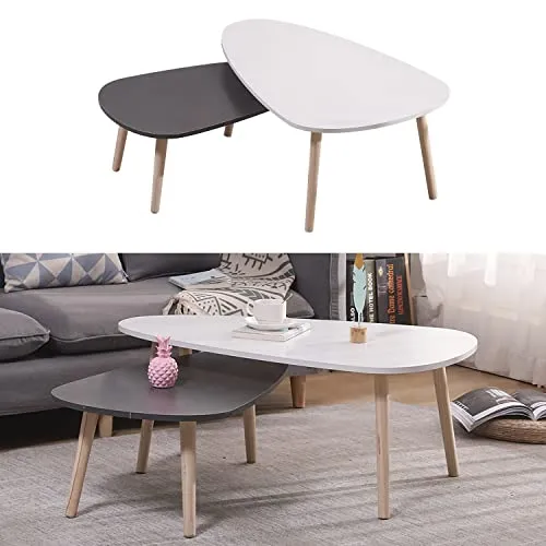 ShiShi Lot de 2 Table Basse Gigogne Scandinave, Table d'appoint Assis sur Le Sol, Table de Salon avec Peids en Hêtre, Tables Gigogne en Bois, Table Basse Moderne (Blanc 98×64×40 cm, Gris 88×48×34 cm)