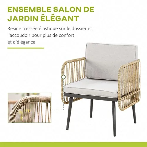Outsunny Ensemble Salon de Jardin 4 pièces canapé 2 Places + 2 fauteuils + 1 Table Basse Plateau Verre trempé 8 Coussins - métal et résine tressée - Beige