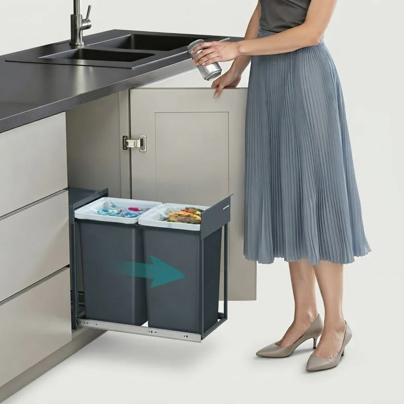 Poubelle sous évier coulissante 2x15L – Double compartiment de tri