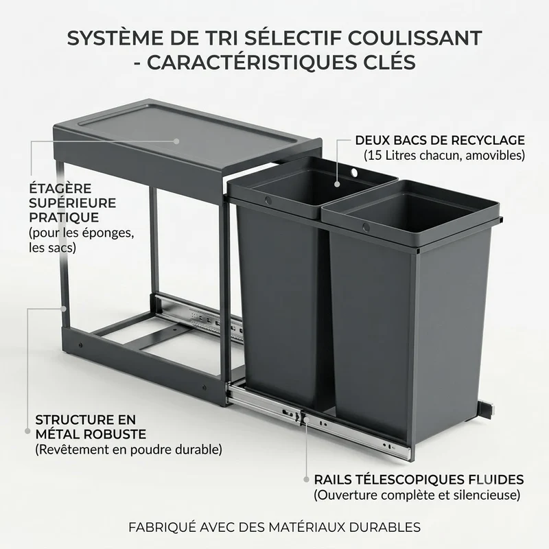 Poubelle sous évier coulissante 2x15L – Double compartiment de tri