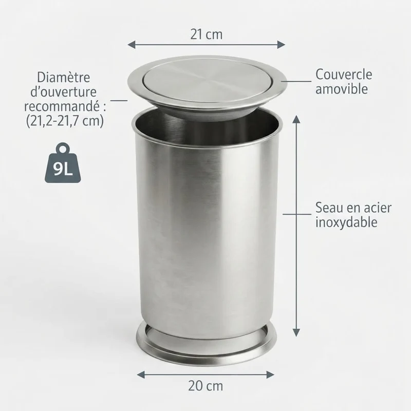 Poubelle encastrable ronde en inox pour plan de travail