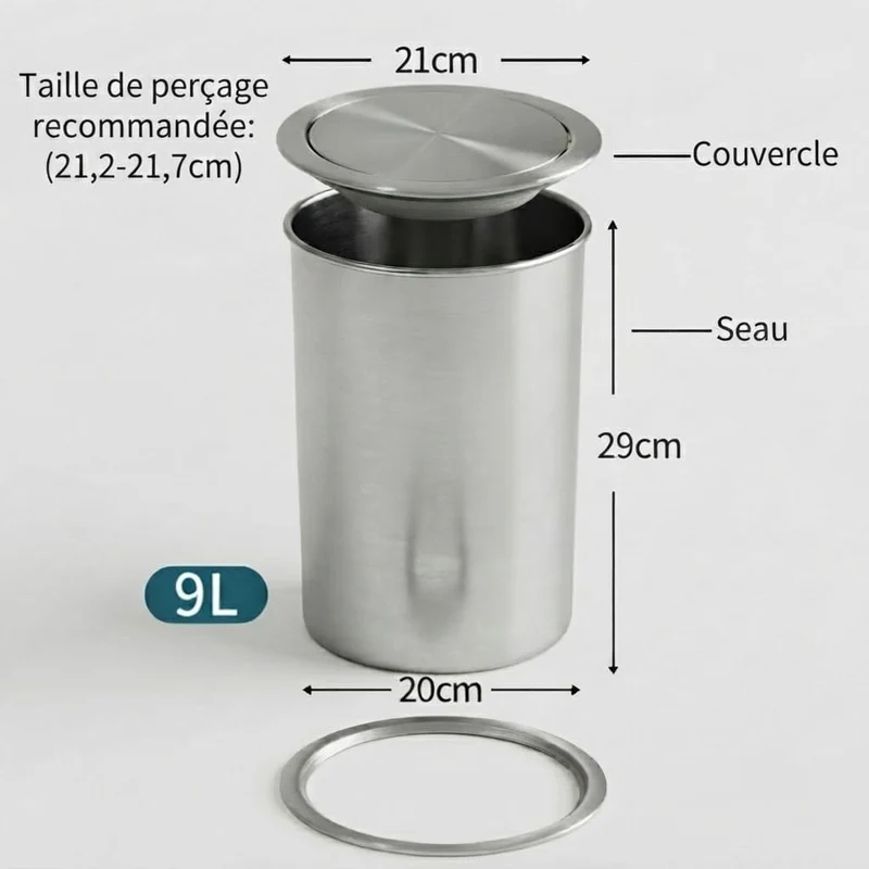Poubelle encastrable ronde en inox pour plan de travail