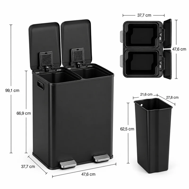 Poubelle double compartiment 60L en acier inoxydable – Tri sélectif design