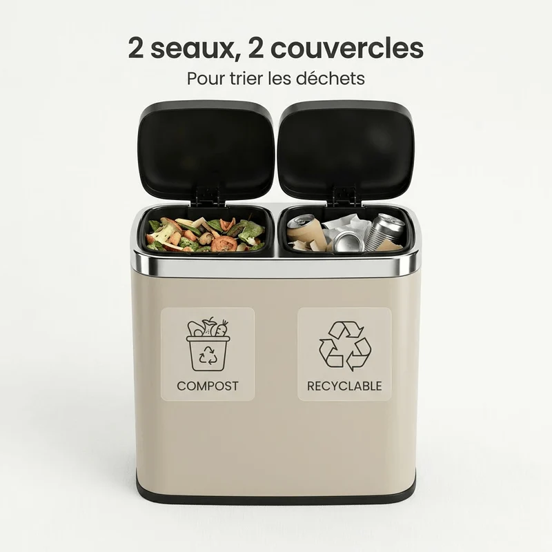 Poubelle de tri cuisine 2 compartiments 30L – Acier design