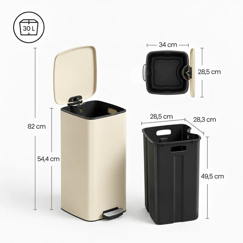 Poubelle Cuisine 30L Rectangulaire en Acier - Beige Sable - Design Élégant