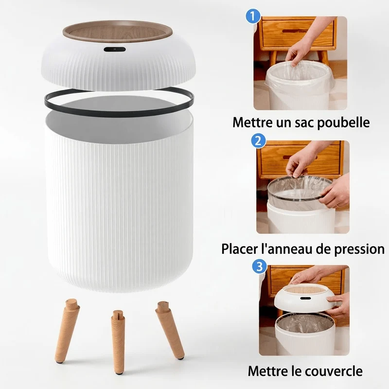 Poubelle automatique intelligente 10L - Design épuré avec pieds bois