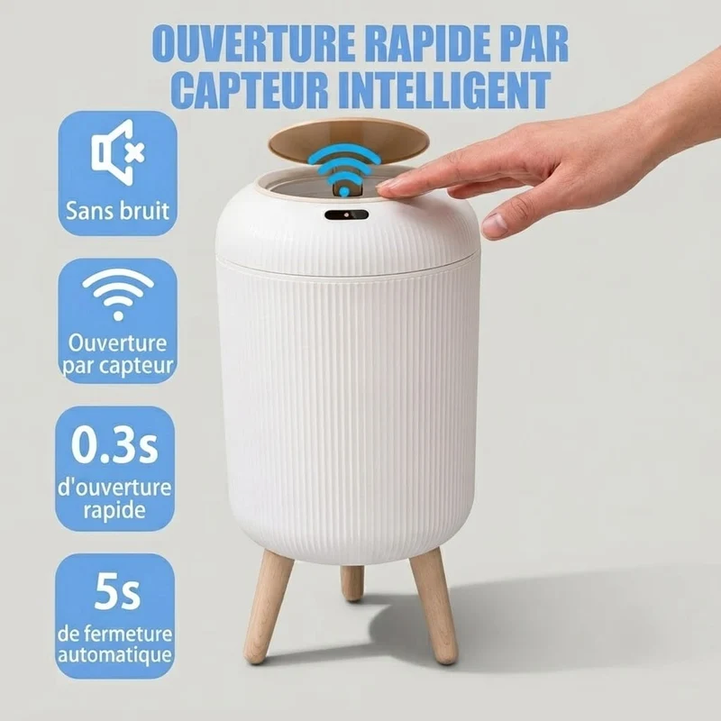 Poubelle automatique intelligente 10L - Design épuré avec pieds bois