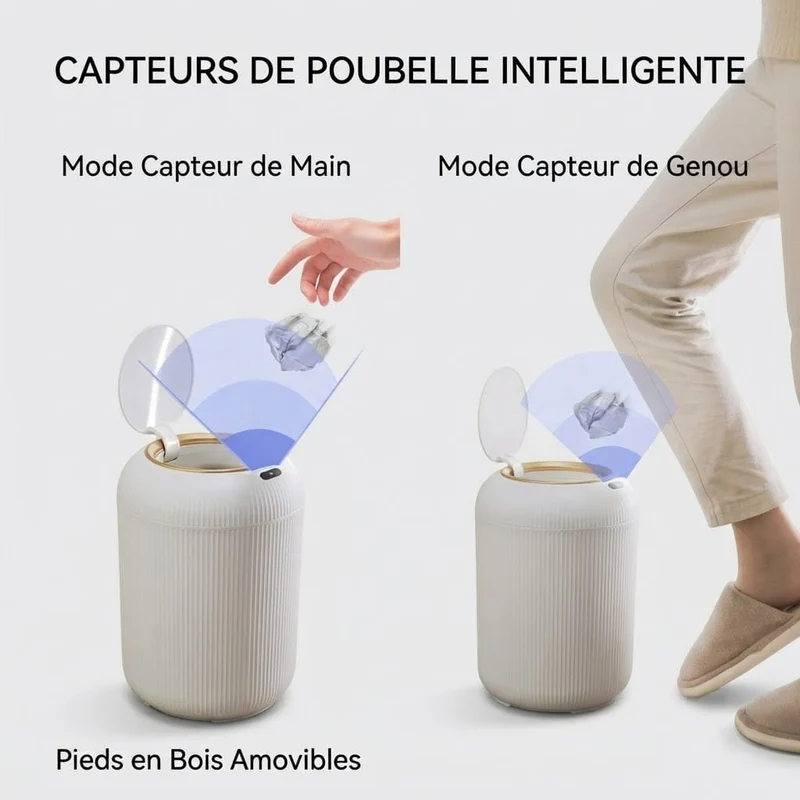 Poubelle automatique intelligente 10L - Design épuré avec pieds bois