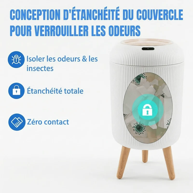 Poubelle automatique intelligente 10L - Design épuré avec pieds bois