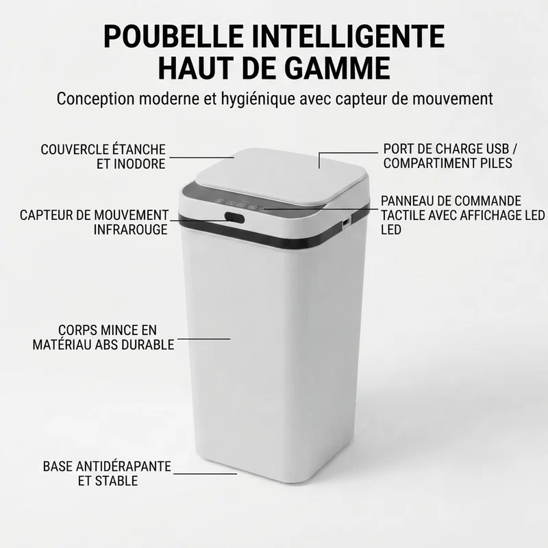 Poubelle Automatique 12L – Intelligente, Sans Contact & Design pour Cuisine ou Salle de Bain