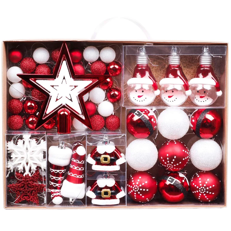 Valery Madelyn 70pcs Boules de Noël Ornements 3-6cm, décoration de Boules de Noël incassables en Plastique Rouge et Blanc, pendentifs de Sapin de Noël Cadeaux (Traditionnels)