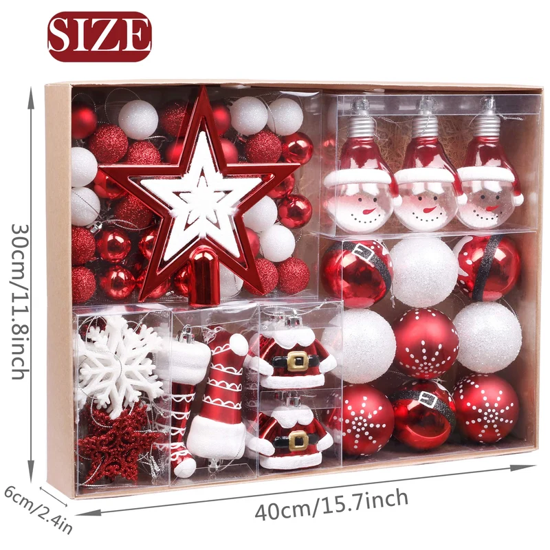 Valery Madelyn 70pcs Boules de Noël Ornements 3-6cm, décoration de Boules de Noël incassables en Plastique Rouge et Blanc, pendentifs de Sapin de Noël Cadeaux (Traditionnels)