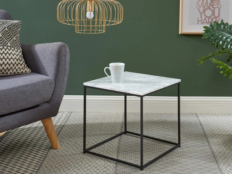 HOMIFAB Table Basse carrée 40 cm en marbre Blanc et Pieds en métal Noir - Collection Telma.