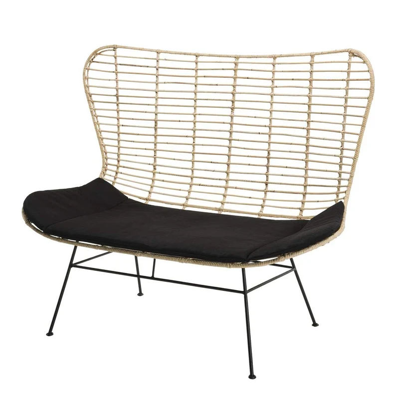 Canapé 2 Places Rotin Naturel Cap-Cod Coussin Noir Pieds Métal