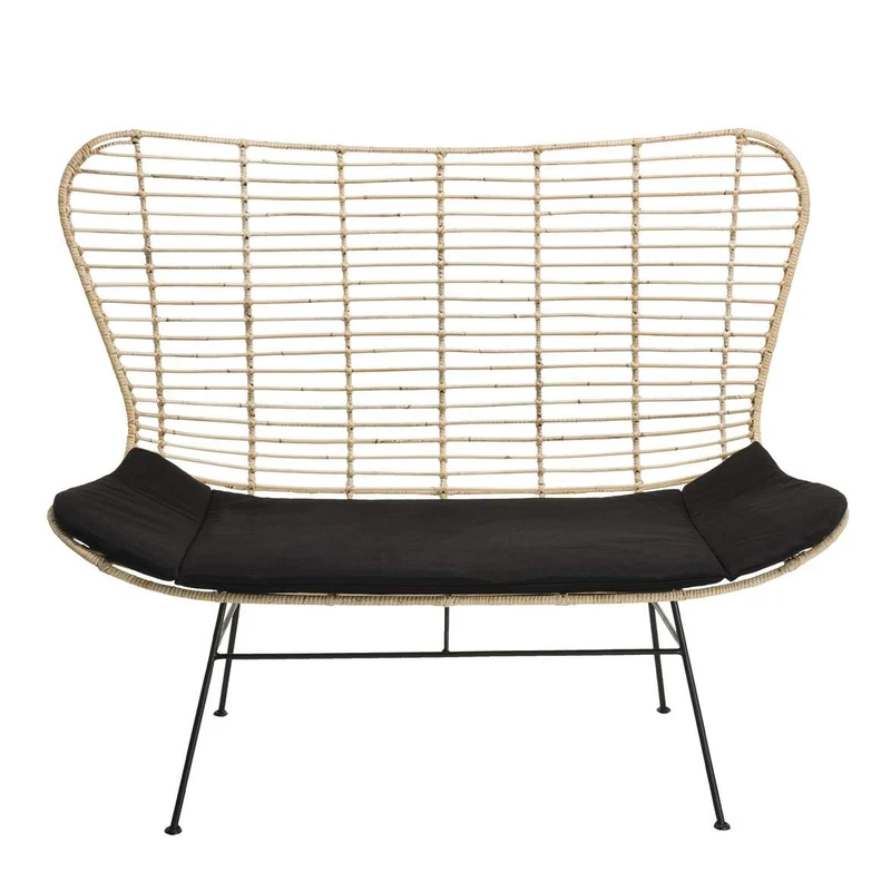 Canapé 2 Places Rotin Naturel Cap-Cod Coussin Noir Pieds Métal