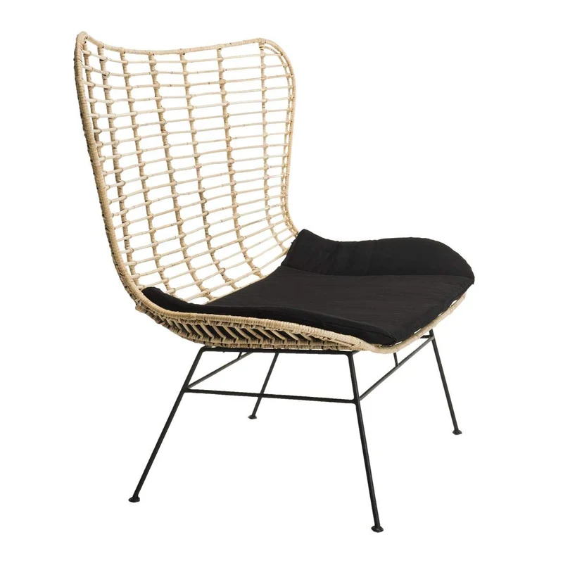 Canapé 2 Places Rotin Naturel Cap-Cod Coussin Noir Pieds Métal