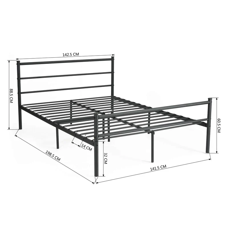 H.J WeDoo Lit en métal Design Double 2 Places Cadre de lit + Sommier Intégré 140x200cm (Lit Double) - Noir