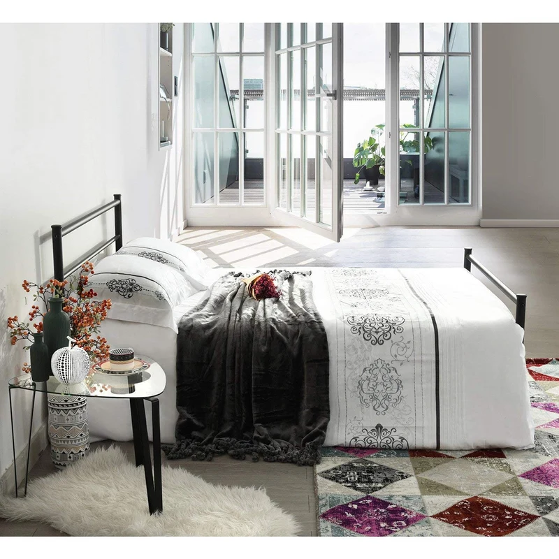 H.J WeDoo Lit en métal Design Double 2 Places Cadre de lit + Sommier Intégré 140x200cm (Lit Double) - Noir
