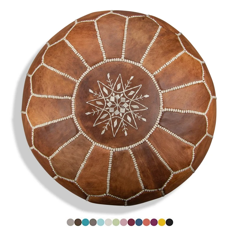 Pouf Artisanal Marocain en Cuir Véritable Fait Main - Vendu Rembourré - Coussin de Sol, Ottoman, Repose-Pied (Cognac)
