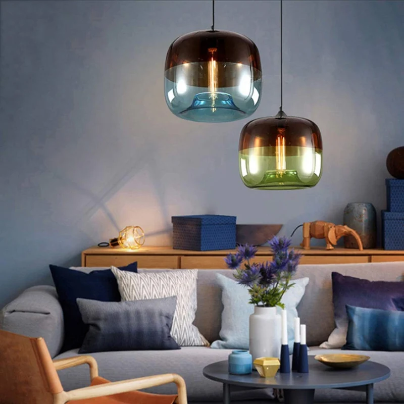 Moderne Nordique Art Déco Suspension Colorée en Verre Suspension Lampe Luminaires Led Clair Lanterne de Suspension en Plafond de Verre Pour Cuisine Restaurant Salon Chambre E27 / E26, D-B, vert