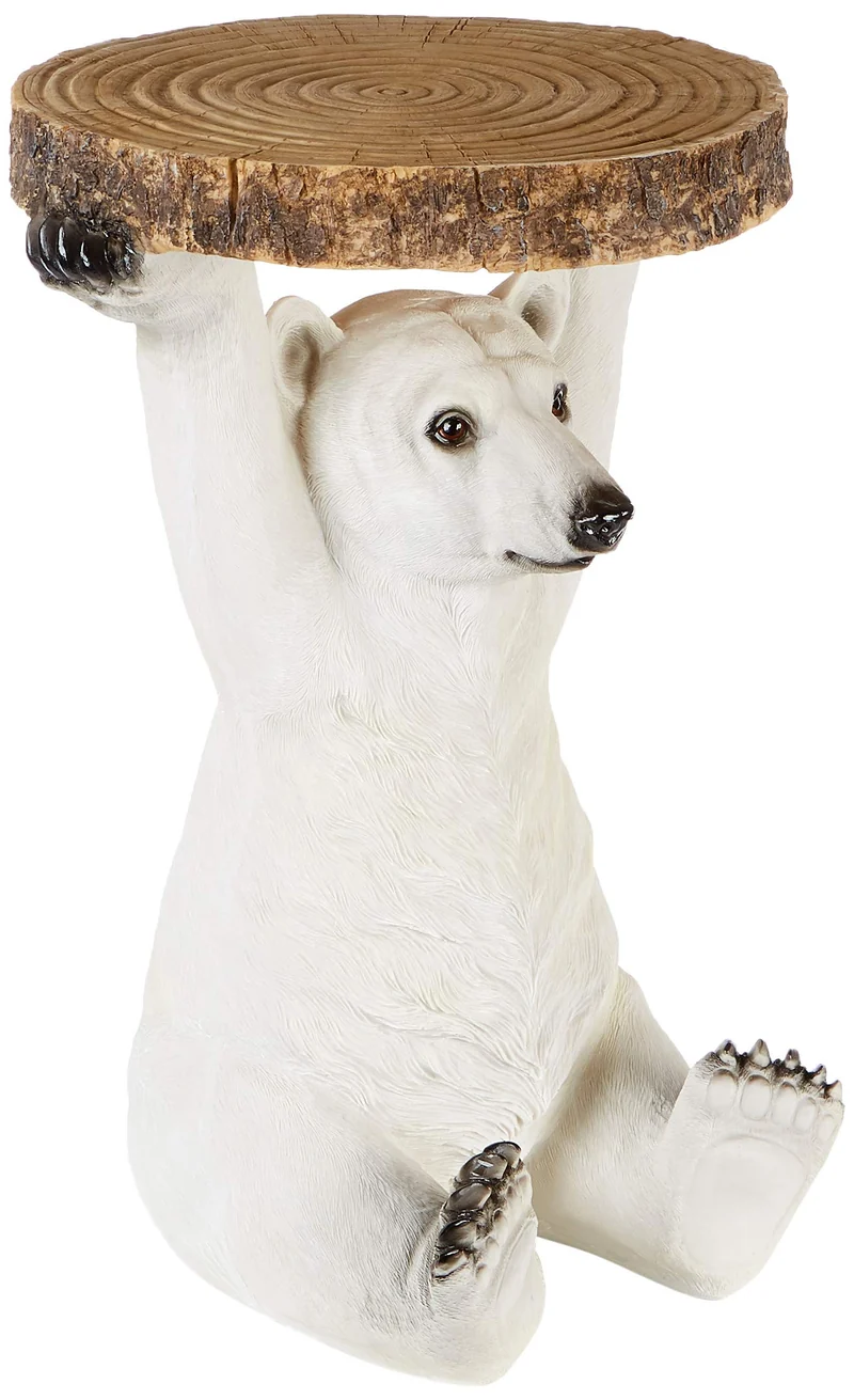 Kare Design Table d'appoint Animal, Petite Table Basse Ronde, Aspect Bois, Figurine Animale comme Fantaisie, Ø37cm, Ours Polaire, 53x37x37cm