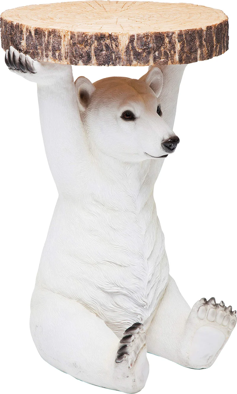 Kare Design Table d'appoint Animal, Petite Table Basse Ronde, Aspect Bois, Figurine Animale comme Fantaisie, Ø37cm, Ours Polaire, 53x37x37cm