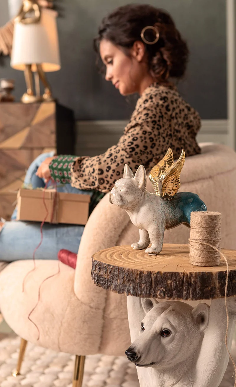 Kare Design Table d'appoint Animal, Petite Table Basse Ronde, Aspect Bois, Figurine Animale comme Fantaisie, Ø37cm, Ours Polaire, 53x37x37cm