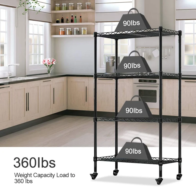 LENTIA Etagère 4 roulettes Noir, Métal, 4 Tiers-Black, 75 * 35 * 120cm