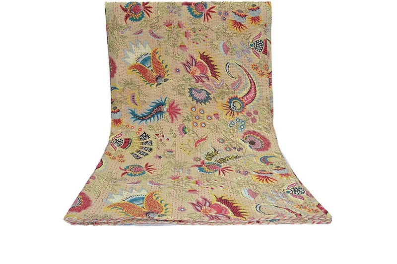 Plaid Kantha par Sophia Art - Impression Unique - 152 x 229 cm - Beige