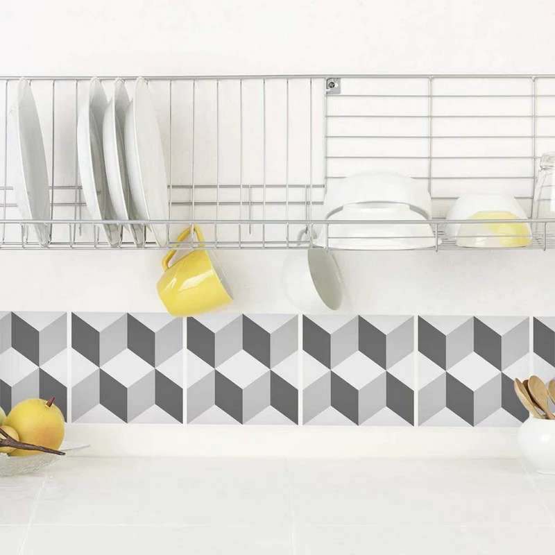 DRAEGER - Carrelage Adhésif Mural - Stickers Carrelage pour redécorer Facilement Votre intérieur - Lot de 6 Carrés Adhésifs Motifs Cube 3D Gris 15 x 15 cm