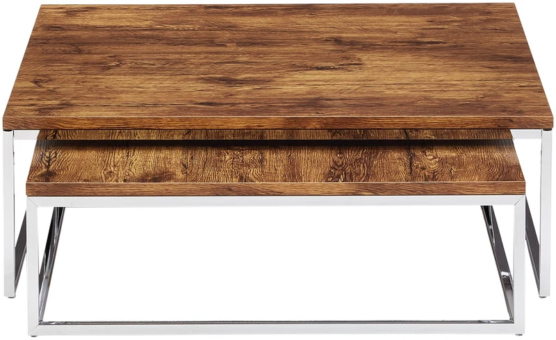 Relaxdays Table basse avec plateau en bois FLAT lot de 2 nature HxlxP: 27 x 80 x 80 cm table gigogne carré gain de place lot de 2 salon canapé table d'appoint cadre métal chromé, noir-marron