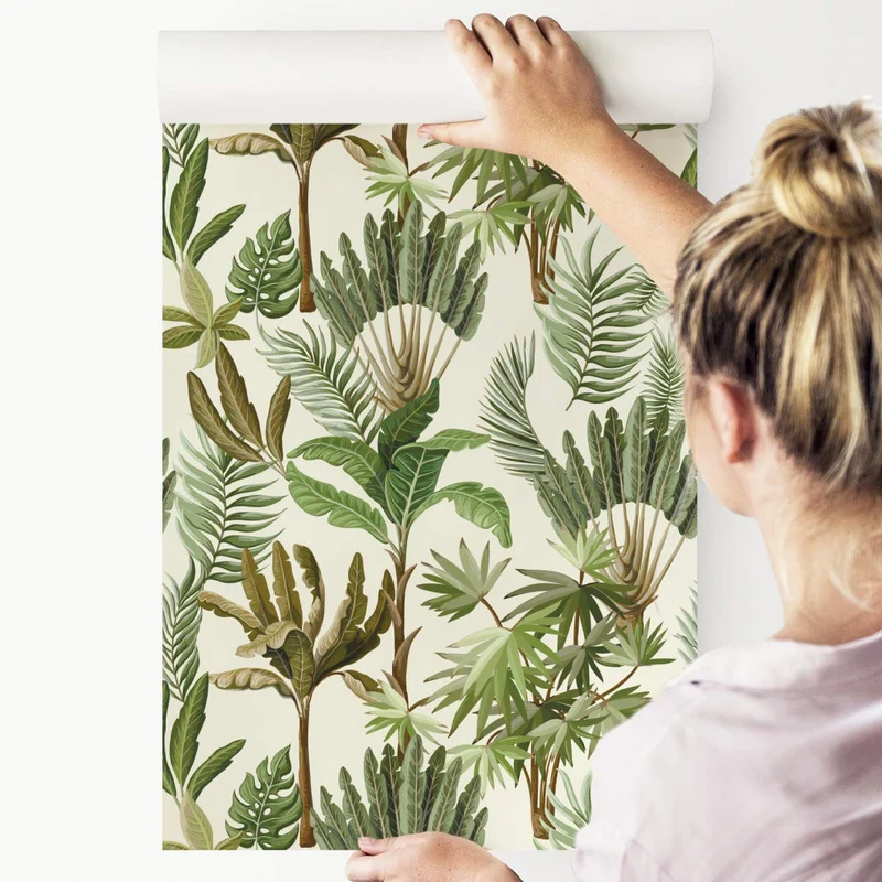 Muralo Papier Peint Feuilles Exotiques Vintage Vinyle Feuillu Moderne Végétation - 239314990
