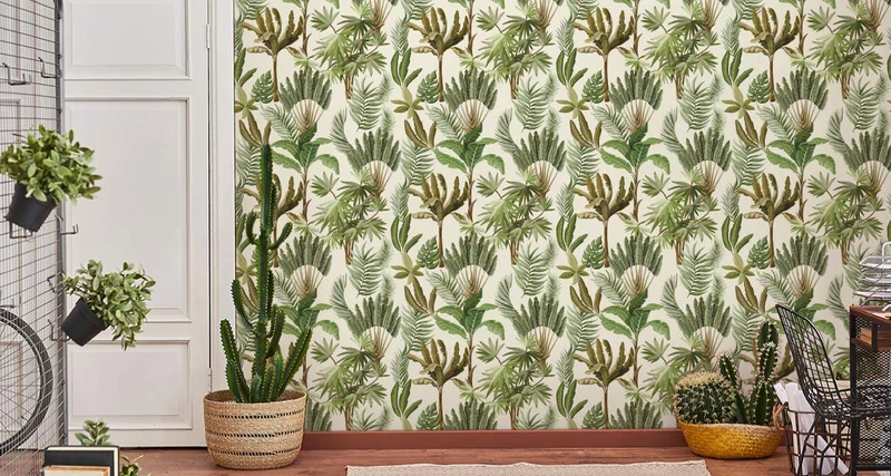 Muralo Papier Peint Feuilles Exotiques Vintage Vinyle Feuillu Moderne Végétation - 239314990
