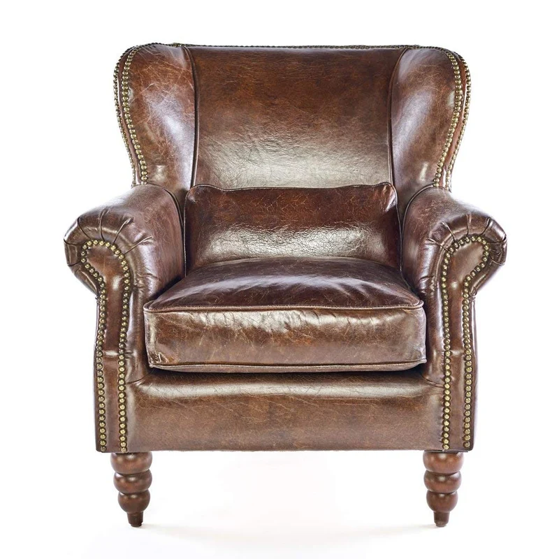 Phoenixarts 463 Fauteuil Club Vintage en Cuir véritable, Fauteuil à Oreilles Lounge, Marron