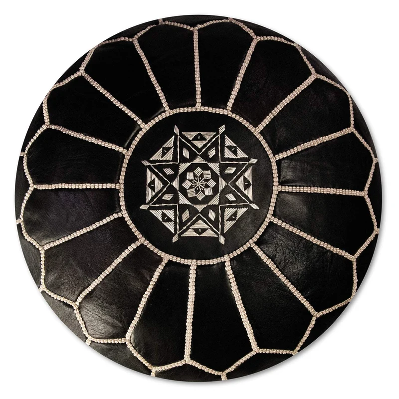 Pouf Artisanal Marocain en Cuir Véritable Fait Main - Vendu Rembourré - Coussin de Sol, Ottoman, Repose-Pied (Noir)