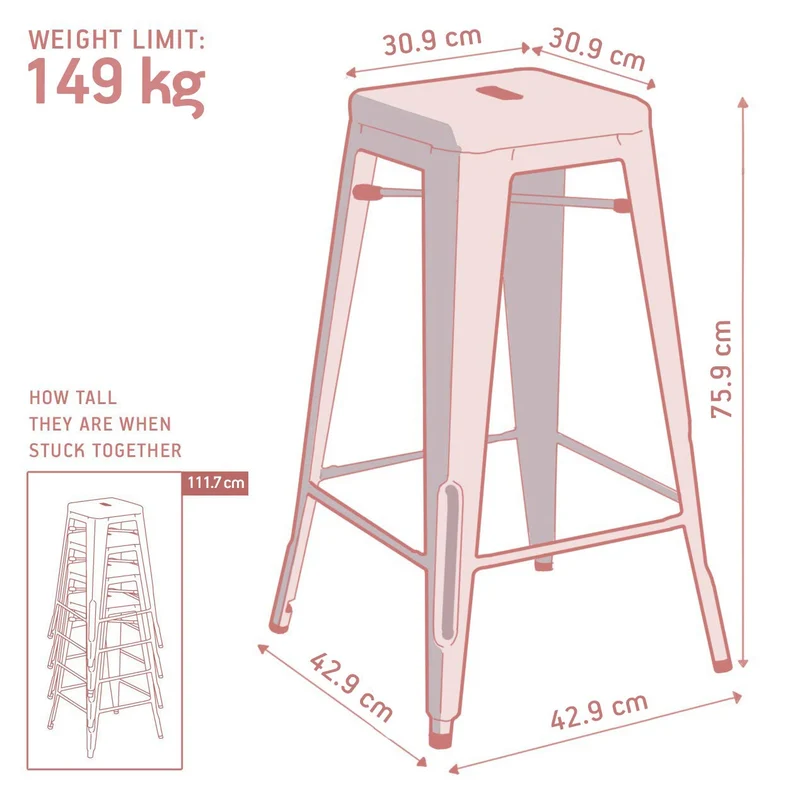 Buschman Ensemble de 4 Tabourets en Métal de Couleur Blanc Mat | Siège Vintage Industriel Empilable pour Bars, Bistro, Jardin, Cuisine | Chaises pour Intérieur et Extérieur - Hauteur 76 cm