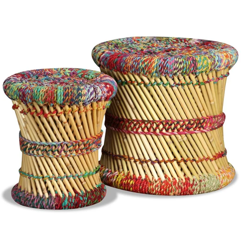 vidaXL 2x Tabouret Bambou avec Détails Chindi Multicolore Meuble de Salon