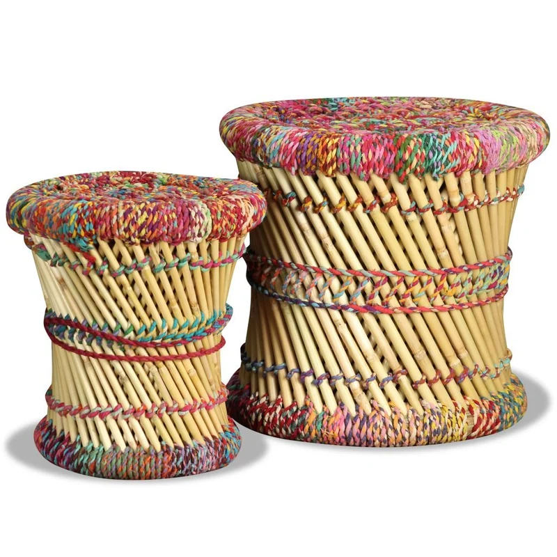 vidaXL 2x Tabouret Bambou avec Détails Chindi Multicolore Meuble de Salon