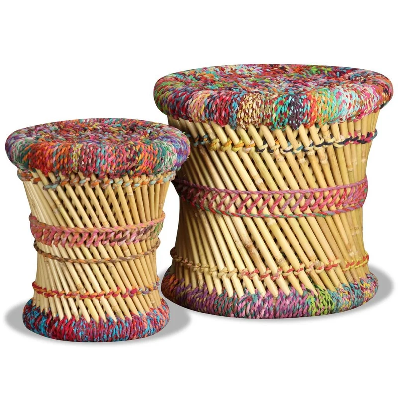 vidaXL 2x Tabouret Bambou avec Détails Chindi Multicolore Meuble de Salon