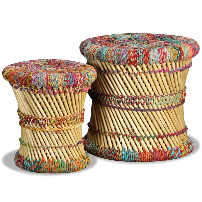 vidaXL 2x Tabouret Bambou avec Détails Chindi Multicolore Meuble de Salon
