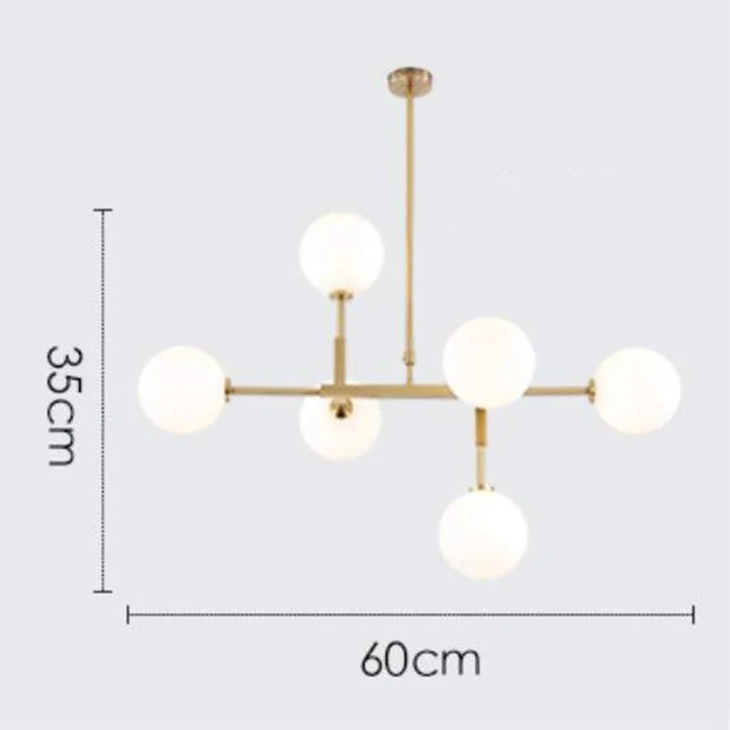 Dsrgwe Lustre Suspension Salon, Lustre en Verre à 6 Ampoules, Laiton satiné avec Globes Blancs, plafonnier de Branche de molécule Magique for Salle à Manger