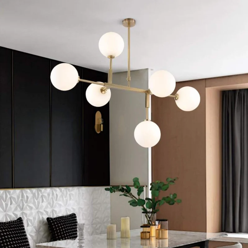 Dsrgwe Lustre Suspension Salon, Lustre en Verre à 6 Ampoules, Laiton satiné avec Globes Blancs, plafonnier de Branche de molécule Magique for Salle à Manger