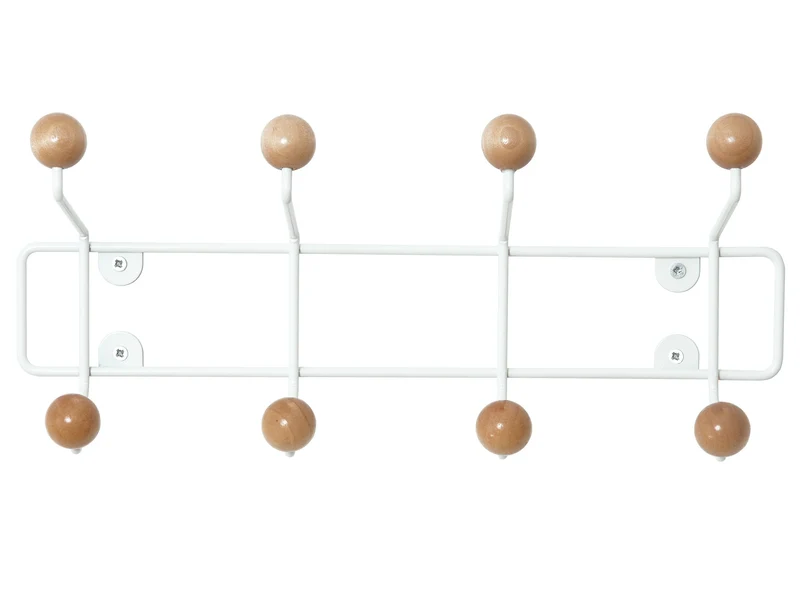 Pt, PT2454 Porte-manteaux mural Saturnus Métal blanc Boules bois beige H15 x 34,5 x 10 cm